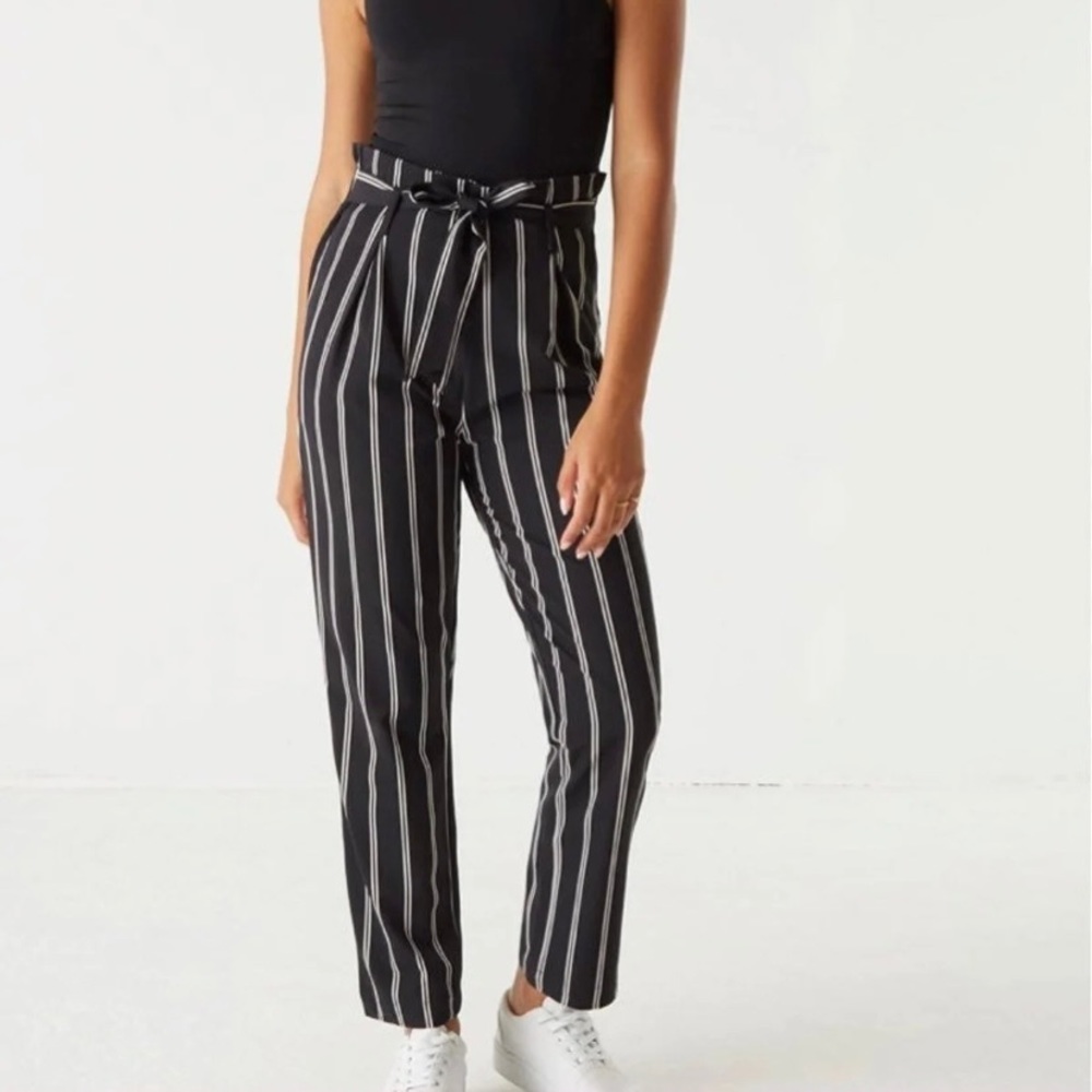 High-Rise Pleated Self-Tie Belted Pinstripe Paperbag Pant